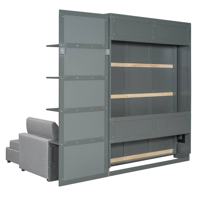 Linen L-shaped Sectional Sofa & Queen Size Foldable Wall Murphy Bed Set with Open Shelves for Guest Room or Living Space