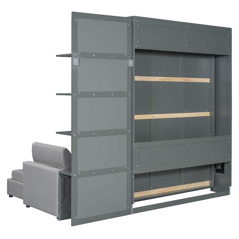 Queen Size Wall Bed with Sofa and Shelves, Gray