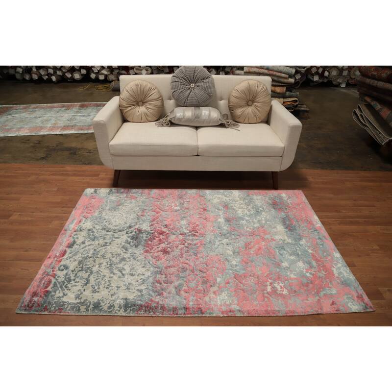 Hand Knotted Oriental Viscose Silk Carpet Modern Abstract Pink Abstract Area Rug - 6' 4'' X 4' 1''
