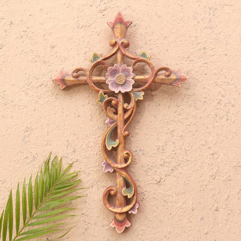 Novica Handmade Floral Faith Wood Relief Panel