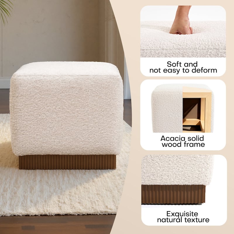 Tufted Square Ottoman Footstool Vanity Stool Sofa Side Table with Acacia Frame