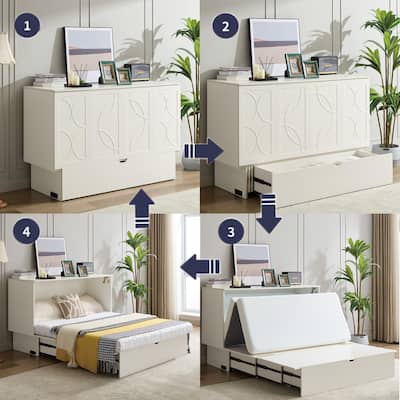 Murphy Bed Foldable Cube Cabinet Bed with Drawers Convertible Queen Platform Bed with Mattress, Set of Sockets and USB Ports