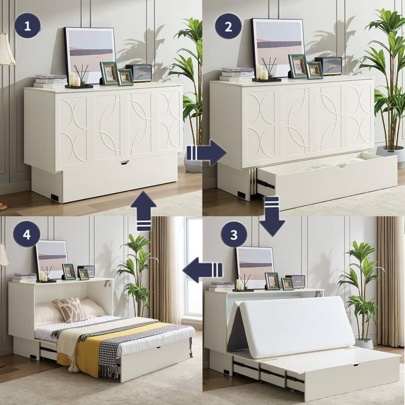 Queen Size Murphy Bed Cabinet with Storage Drawer, Folding Foam Mattress, USB & AC Charging Ports, and Smooth Glide Mechanism