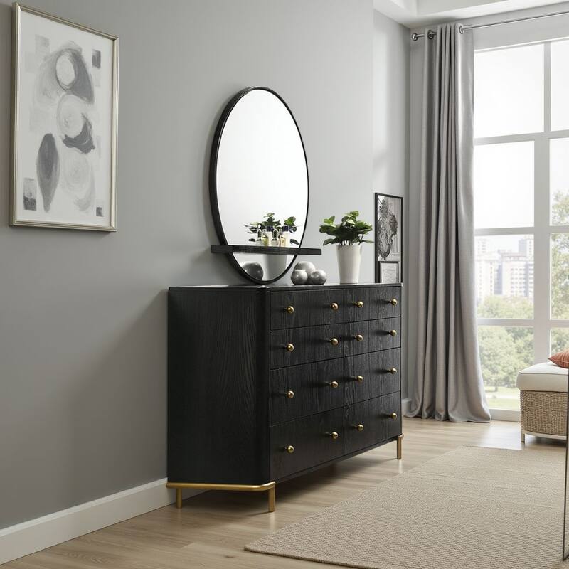 Fij Oval Dresser Mirror, Black Wood Frame, Felt-lined Tray, 38 Inch