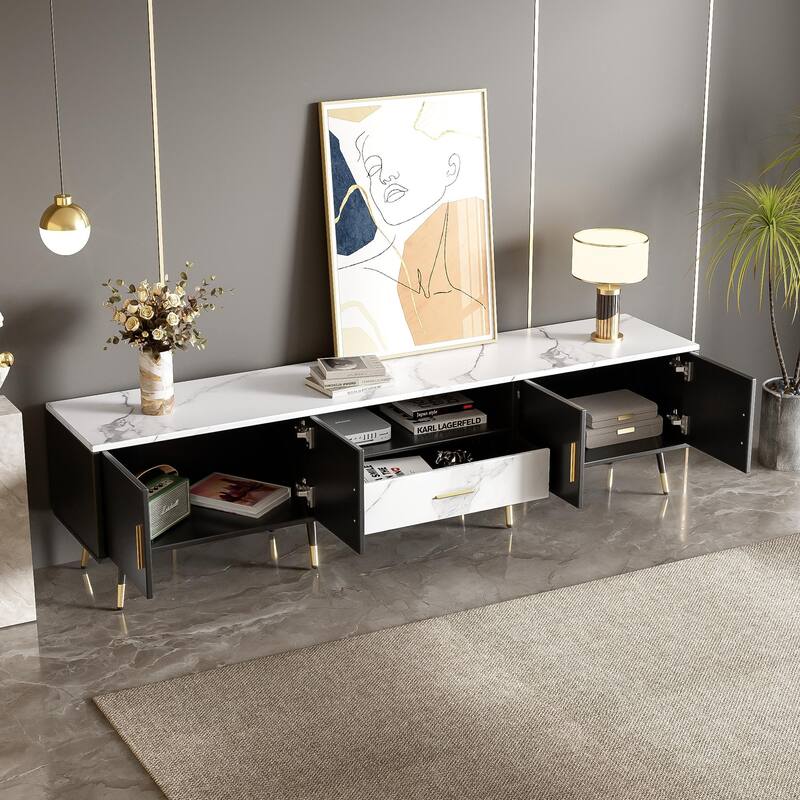 Stylish 71" TV Console for TVs up to 80", Multi-Purpose Entertainment Center with 2 Cabinets & Open Storage