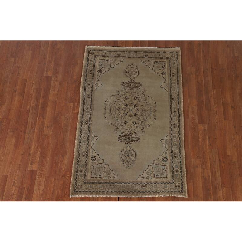 Geometric Tabriz Persian Vintage Rug Hand-Knotted Beige Wool Carpet - 3'6"x 5'3"