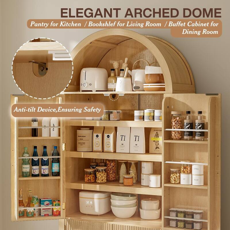 BOSSIN 71" Arched Fluted Door Pantry Cabinet, 9-Shelf Storage Organizer for Kitchen,Bathroom,Natural Wood Finish