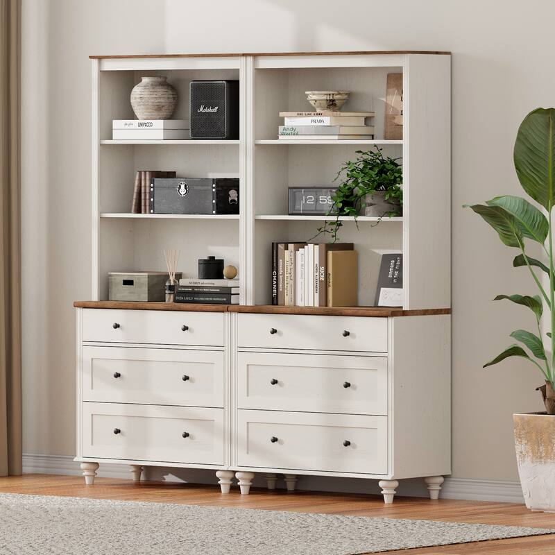 White Bookcase with Doors, Large Wood Farmhouse Book Case Shelf - 6 drawers