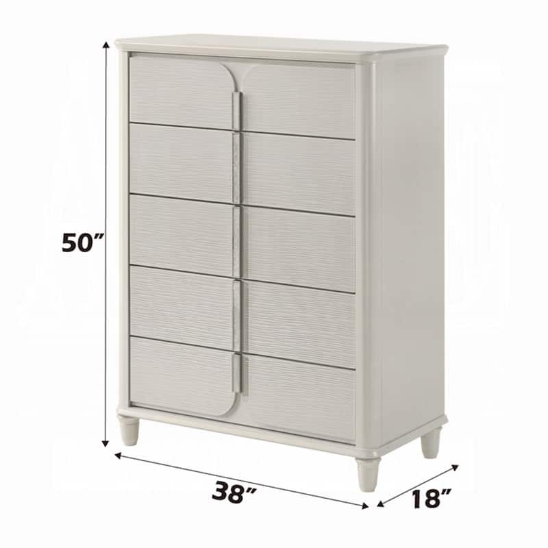 Veda Tall Dresser Chest, Elegant Pearl White Wood, 5 Modern Drawers