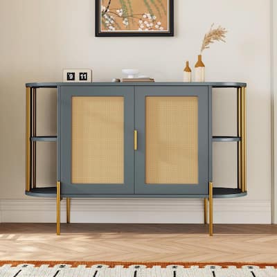 2-Door Curved Dining Cabinet - Elegant with Gold Trim and Woven Rattan Doors