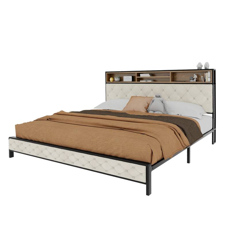 Modern King Upholstered Storage Bed With USB Power pad