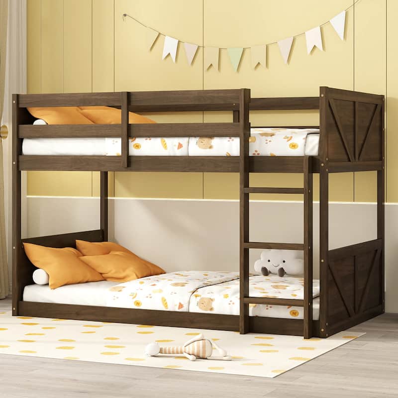 Floor Bunk Bed with Panelled Headboard and Footboard, Solid Rubber Wood Foundation with Safety Guardrails, Built-in ladder