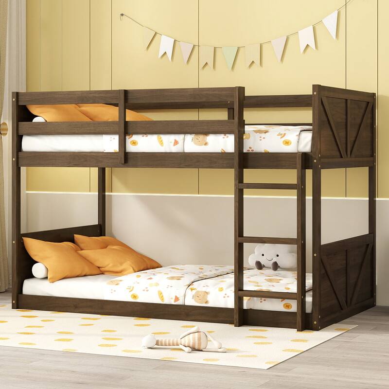 Roomfitters Twin over Twin Floor Bunk Bed with Panel Headboard and Footboard, Solid Rubber Wood Frame, Ladder