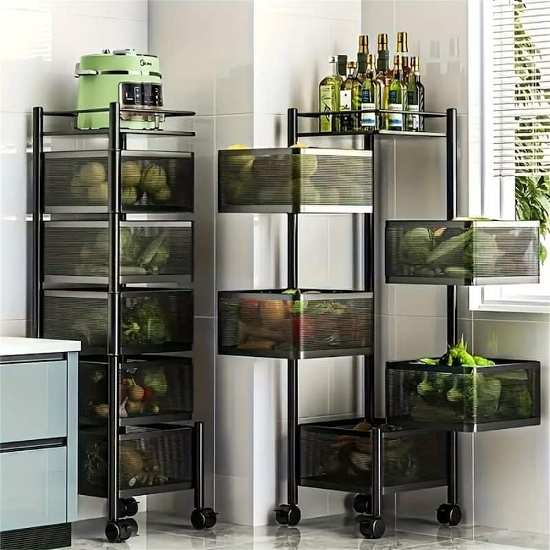 5-Tier Rotating Storage Shelf, Square Metal Kitchen Cart with Wheels