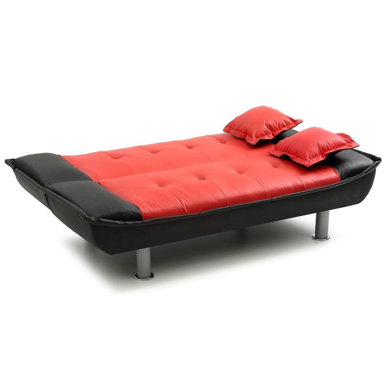 Armless Faux Leather Tufted Straight Sofa with Pillows - 74" - Red and Black