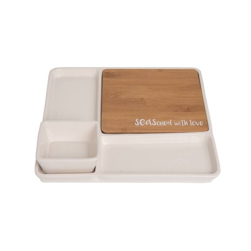 12" Ceramic/ Wood/ Metal Serving Set - Off-White