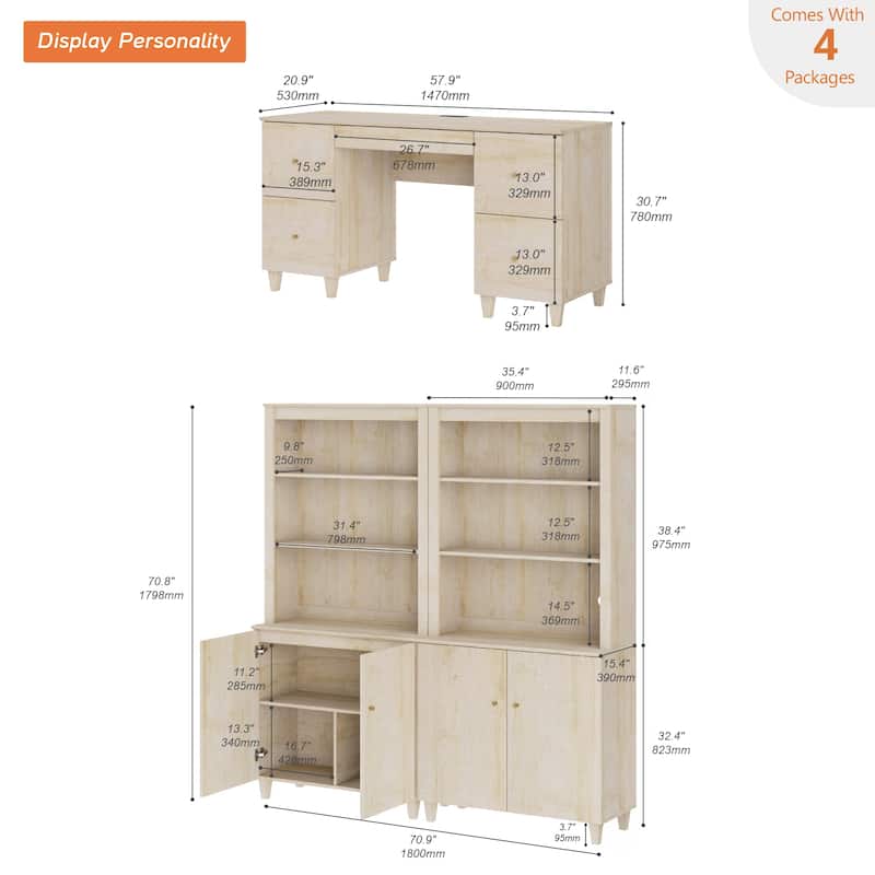 WAMPAT Home Office Furniture Set, 58" Executive Desk with Drawers, 2-Column 71" Tall Bookcase with Doors and Adjustable Shelves