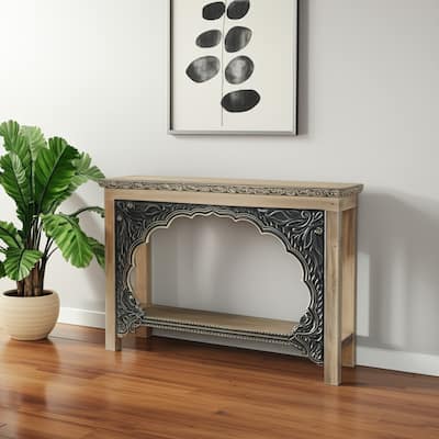 HomeRoots 56" Natural and Black Solid Wood Distressed Console Table With Shelf - 56 in. x 40 in. x 18 in.