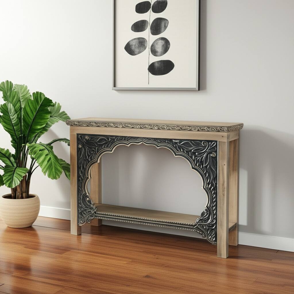 HomeRoots 56" Natural and Black Solid Wood Distressed Console Table With Shelf - 56 in. x 40 in. x 18 in.