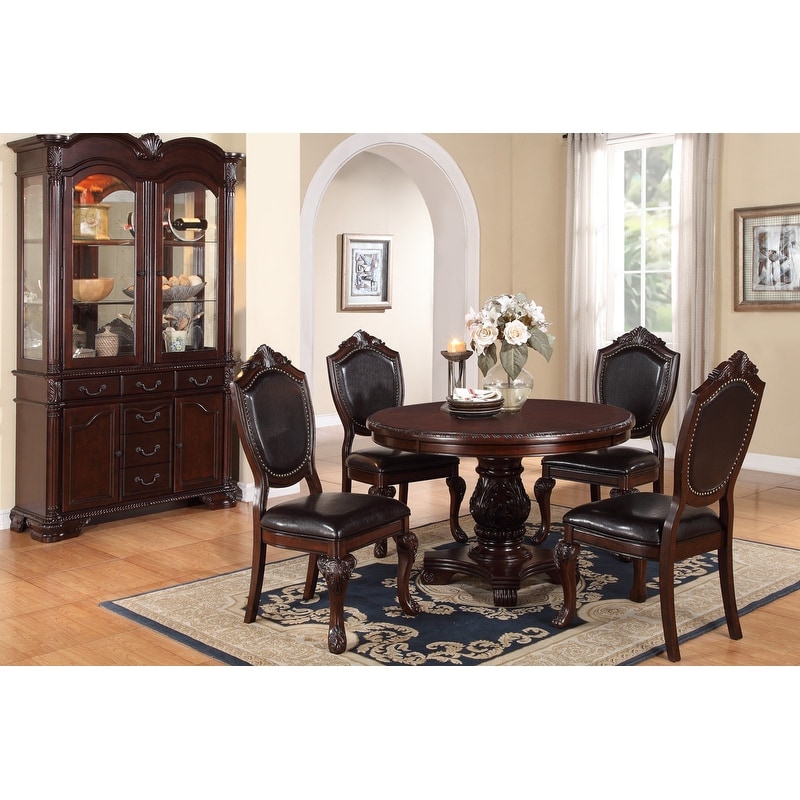 Dining Room Table And 4X Side Chairs Brown 5Pc Set Dining Table Pedestal Base Antique Round Table Faux Leather Upholstered Chair