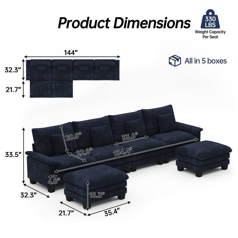 144" Modular Compression Sofa Set Convertible Sectional Sleeper Couch with 2 Ottomans