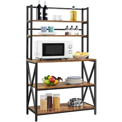 Bakers Rack w/Storage, 5-Tier Coffee Bar Station Microwave Stand Shelf, Storage Shelf w/X Designed Metal Support, Rustic Brown