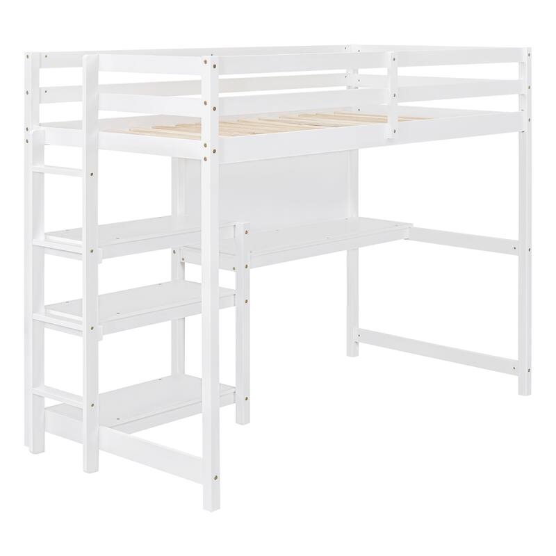 Multi-Functional Twin/Full Loft Bed with Built-In Desk, 3-Tier Shelves, and Writing Board, No Box Spring Needed, White/Grey