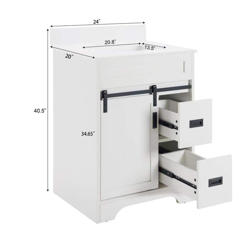 Freestanding White Farmhouse Bathroom Vanity Featuring A Single Undermount Sink Combo,Sliding Barn Doors,And Two Storage Drawers