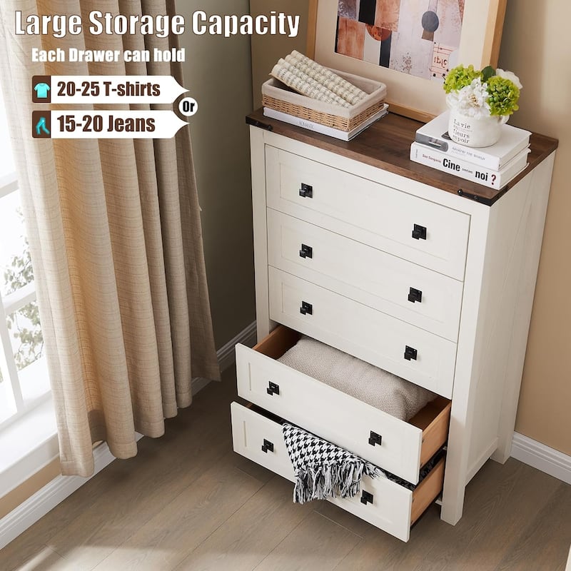 48" Tall Farmhouse 5 Drawer Wood Dresser, Chest of Drawers for Bedroom