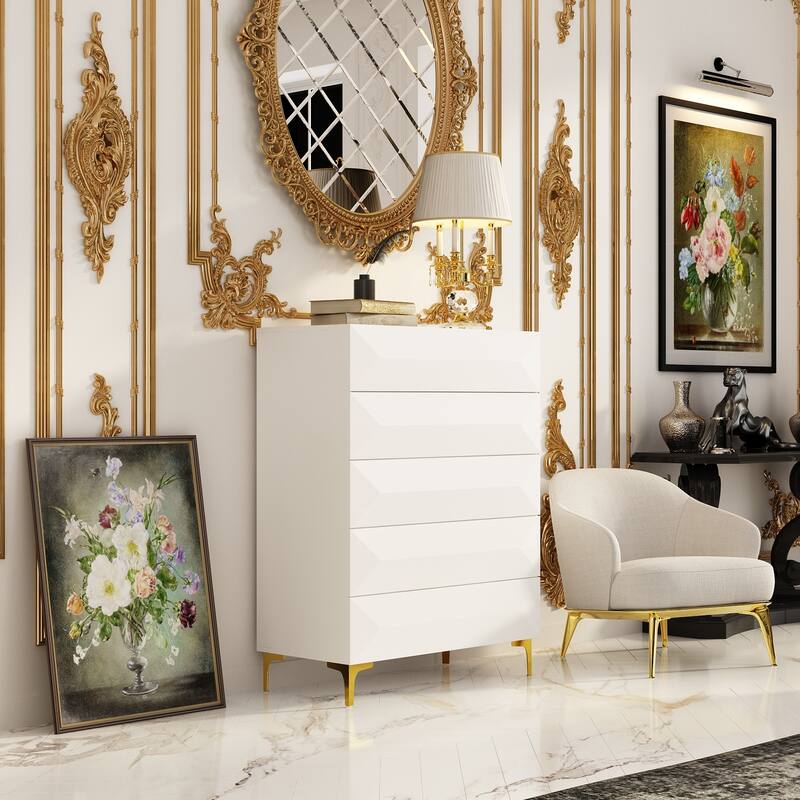 Dresser Chest Highboy Unique Asymmetrical Drawers & Metal Accents
