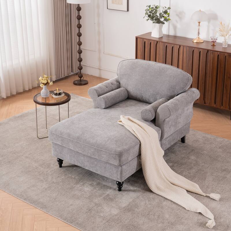 Oversized Chaise Lounge Indoor,Chenille Single Sofa Bed with Wide Seat,Upholstered Lazy Sleeper Armchair,Reading Couch Set - Grey