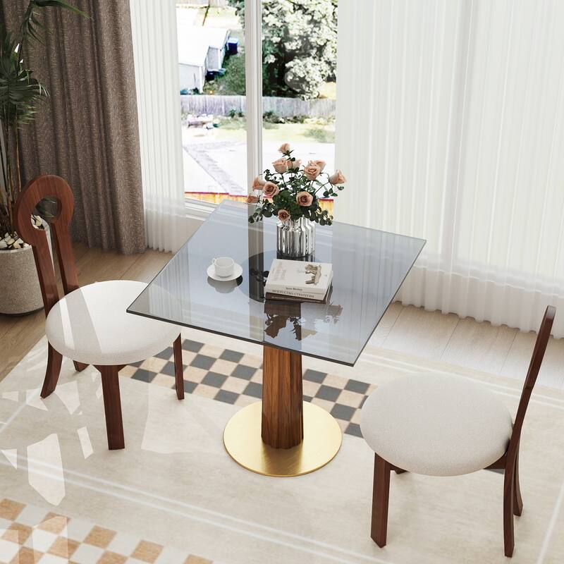 Modern Square Dining Table, 33.5" Tempered Glass Table with Wooden Leg & Gold Base, 2 - Person Kitchen Table for Small Space