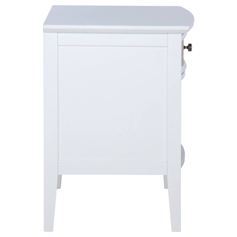 White 1-Drawer Nightstand with Natural Rattan Accents, Felt Lining and Open Shelf for Coastal Modern Style