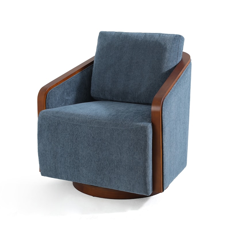 Upholstered Swivel Barrel Chair with Curved Wood Arms