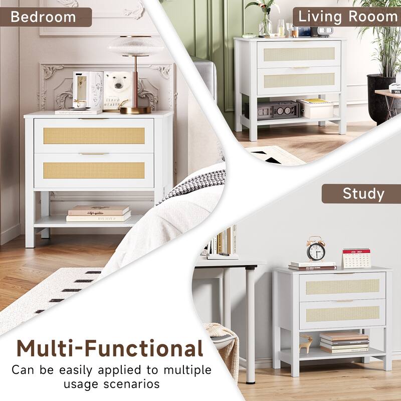 Rattan Nightstand with 2 Drawers and Storage Shelf Boho Bedside Narrow Side Table for Bedroom