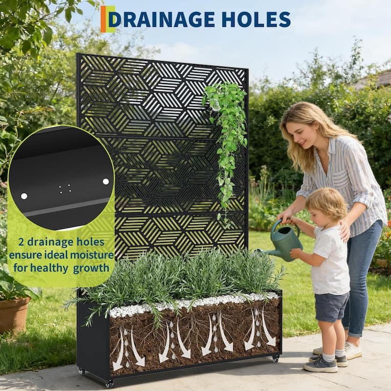 Metal Privacy Screen Planter Box, Raised Garden Bed for Climbing Plants, Veggies, Parallel Style With Wheels