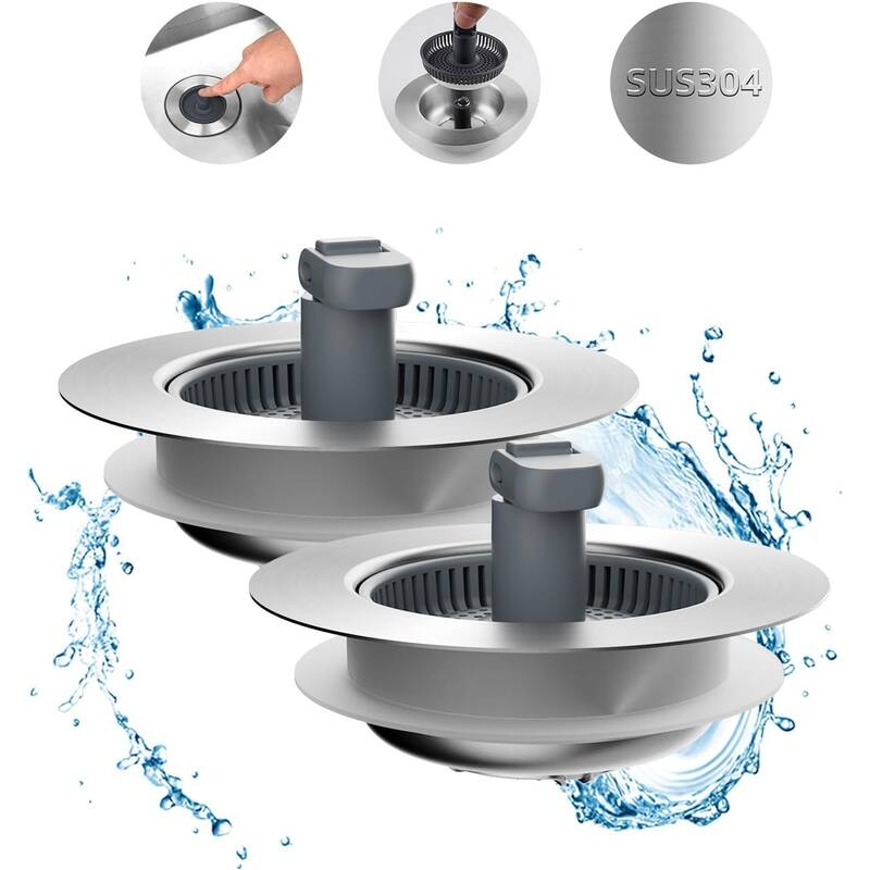 3-in-1 Kitchen Sink Strainer and Stopper Combo for Standard 3-1/2" Drain - 2 Pack - Stainless Steel