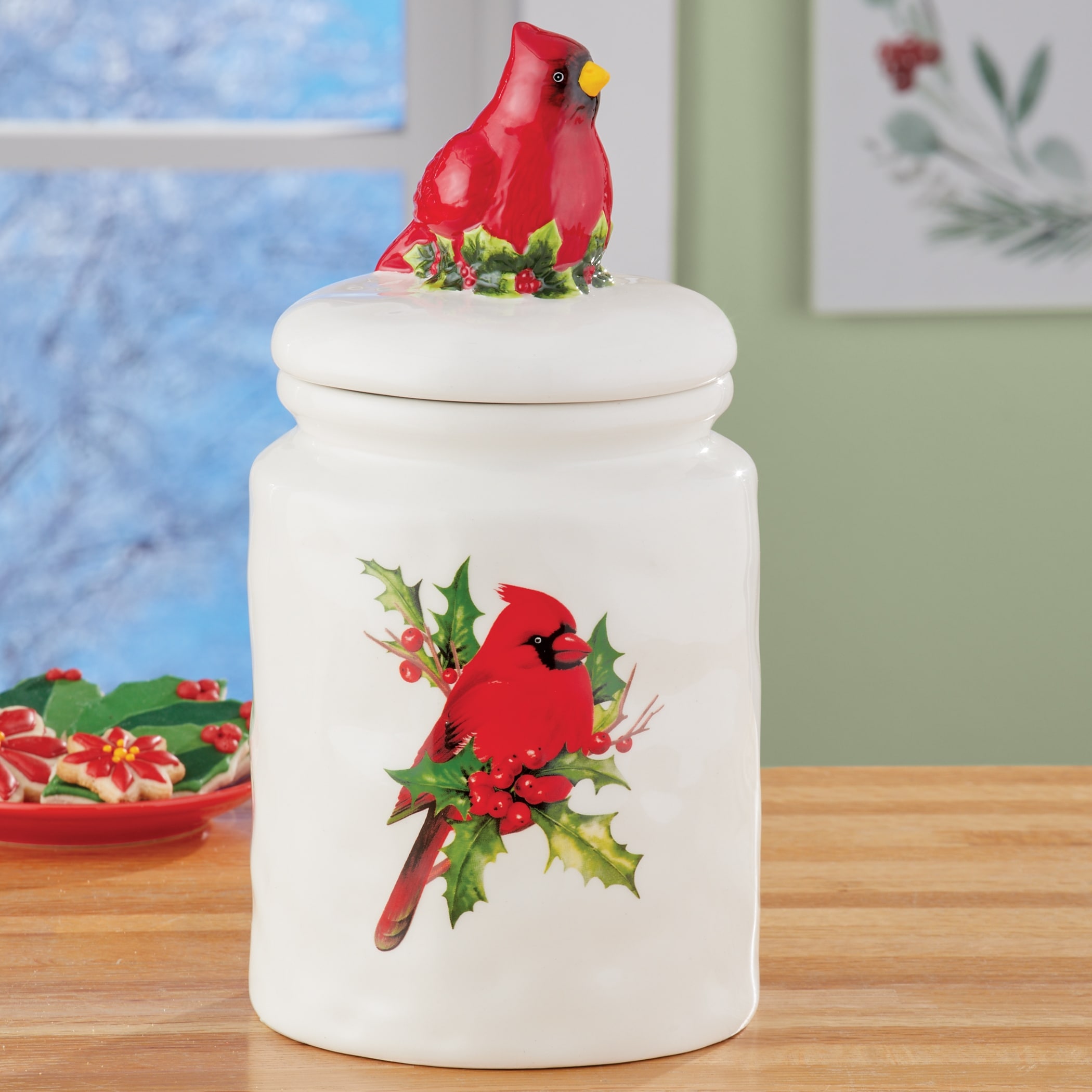 Hand-Painted Winter Cardinal Ceramic Cookie Jar - 5.75 x 11.25 x