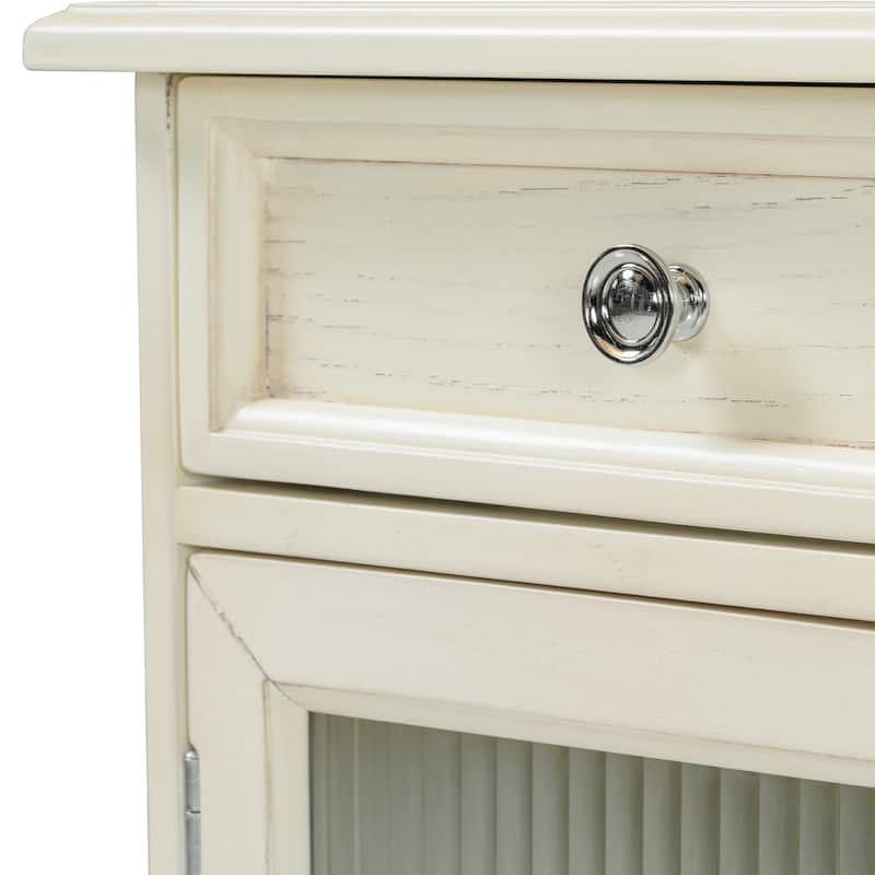 White Oak Vanity Desk with Hidden Mirror Storage Drawers Cabinets and Upholstered Stool - 46.5”L x 20.2”W x 29.7”H