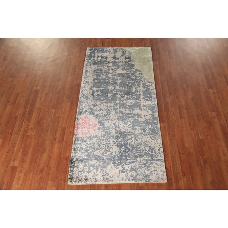 Contemporary Abstract Oriental Foyer Rug Hand-Knotted Grey Wool Carpet - 3'1"x 6'5"