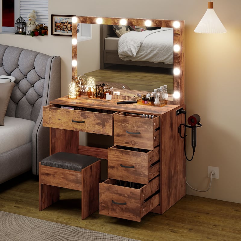 Vanity Desk Makeup Table Light Strip Mirror Dressing - 35.4"L x 15.7"W x 53.5"H - Brown