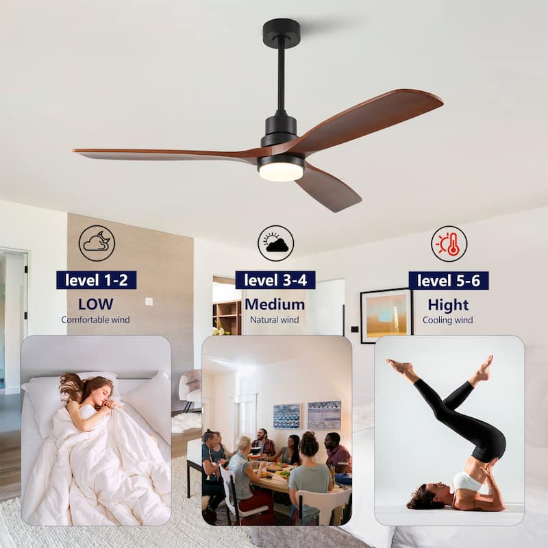 60 Inch Modern Black Ceiling Fan With Light 3 Solid Wood Blades Remote Control Reversible DC Motor With Dimmable LED