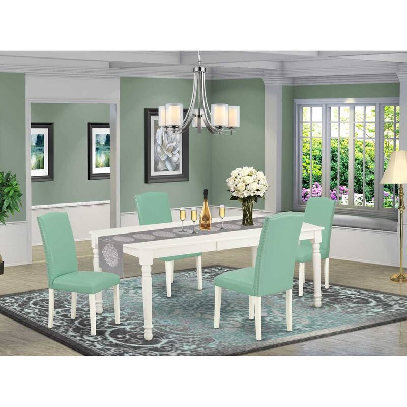 Rectangular Dining Table Set - 5 Piece Table & Chair Set with Leaf - 60x78" Table - Linen White Legs