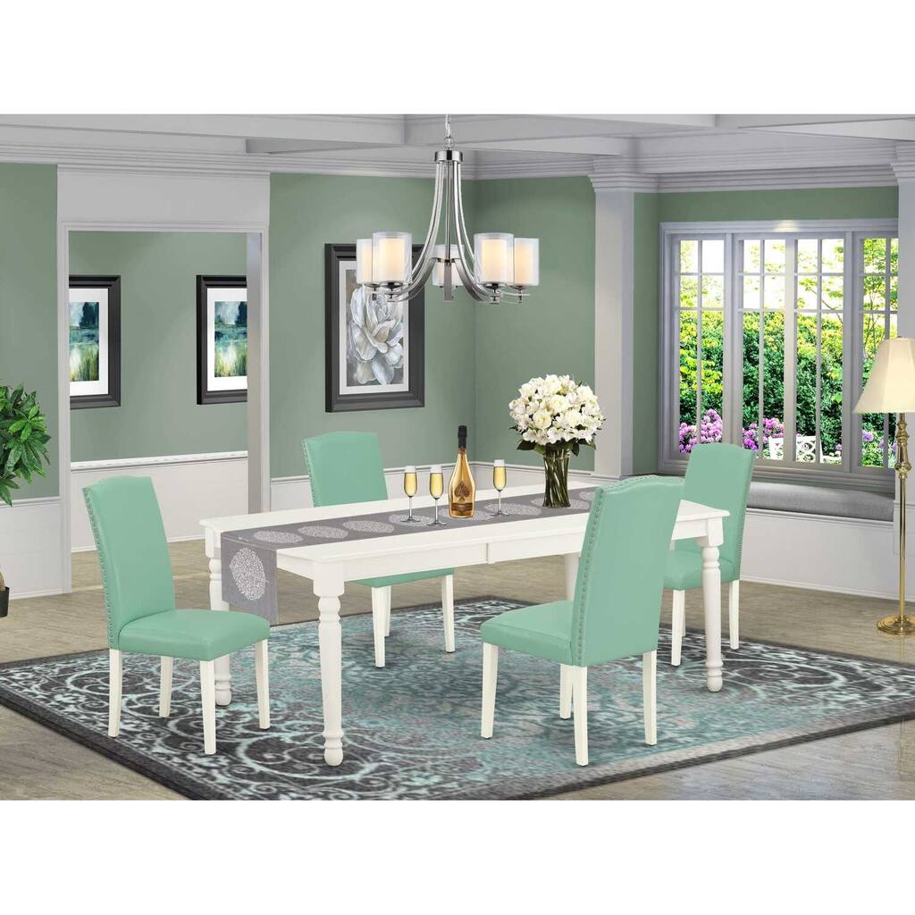 Rectangular Dining Table Set - 5 Piece Table & Chair Set with Leaf - 60x78" Table - Linen White Legs