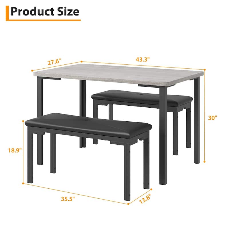 Dining Table Set for 4, Kitchen Table with 2 Benches with Metal Frame, Space-Saving