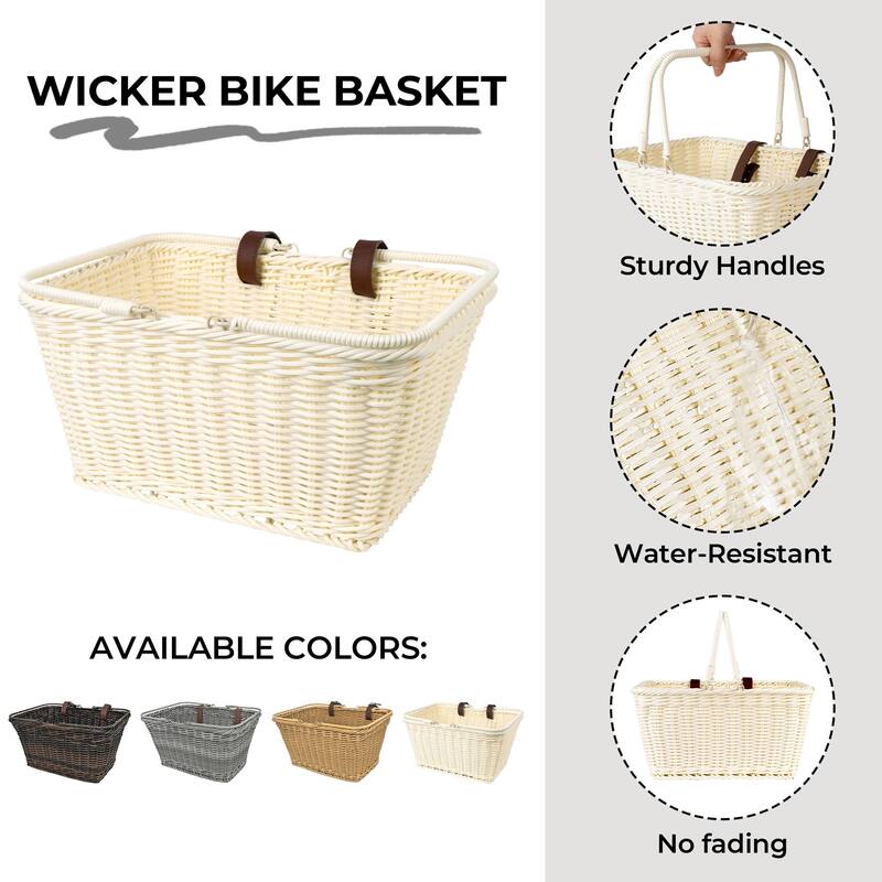 Front Bike Basket, Picnic Wicker Basket with Handle - 9.75"D x 13.75"W x 7.25"H