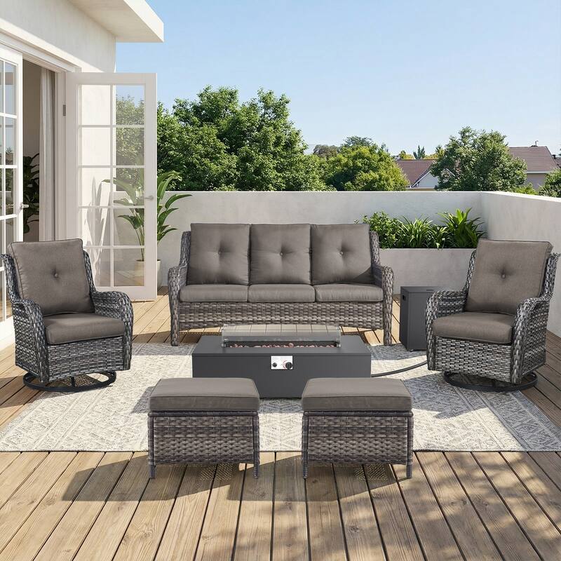 Pocassy Outdoor 7 Pieces Sofa Swivel Chair Ottoman with Fire Table - Gray Wicker Gray Cushion - 7-Piece Sofa Swivel Chair Ottoman with Fire Table