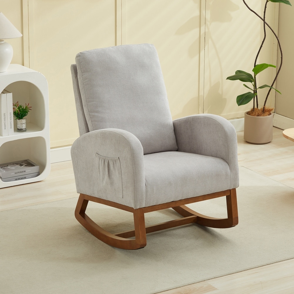 Upholstered Rocking Chair Nursery Chair with High Back and Side Pocket