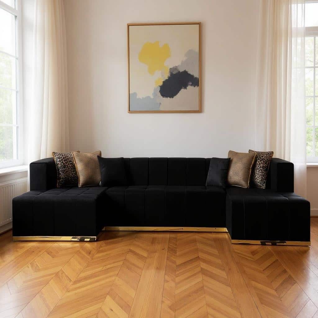 HomeRoots Black Velvet U Shaped Three Piece Sofa and Chaise Sectional With Toss Pillows