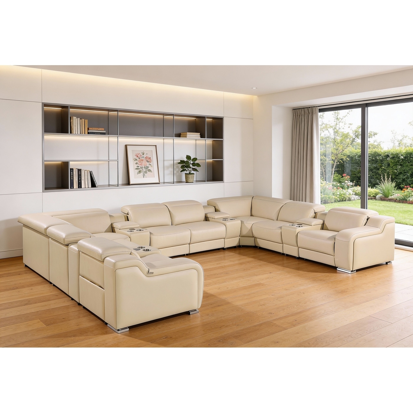 HomeRoots Beige Italian Leather Power Reclining U Shaped Twelve Piece Corner Sectional With Console
